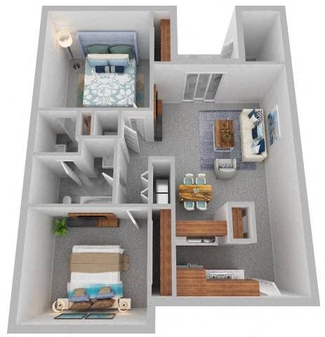 Floor plan for 2 beds, 1 bath, 805 sqft